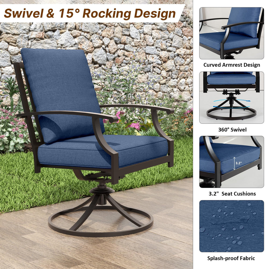 ALAULM 10 Piece Patio Dining Set w/14FT Umbrella, Metal Outdoor Furniture Set w/Rectangular table, 6 Fixed Chairs and 2 swivel rocking chairs for Patio, Backyard, Garden, Poolside（Grey）