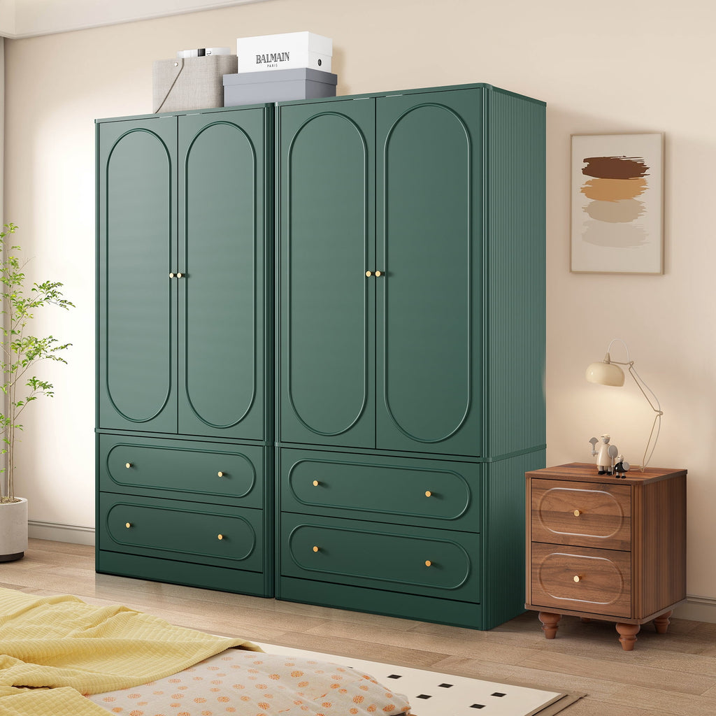 Wirrytor Freestanding Wooden Armoire Wardrobe with 2 Woven Doors and Storage Drawers, Space-Saving Closet Cabinet for Bedroom, Sturdy Mdf Board Closet with Hanging Rail
