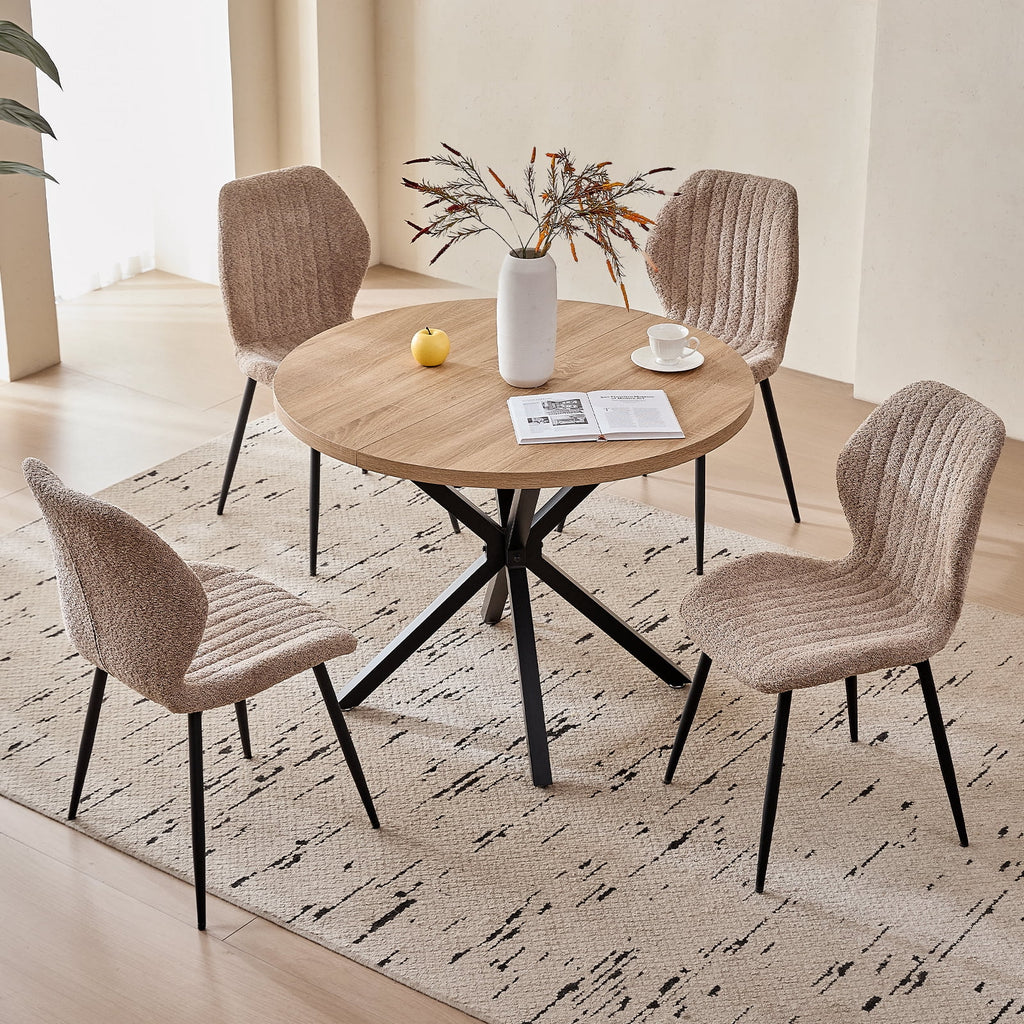 5 Piece 39 Round Dining Table Set for 4, Mid Century Kitchen Table with 4 Khaki Fabric Upholstered Dining Chairs for Apartment Living Room, Space Saving Table.