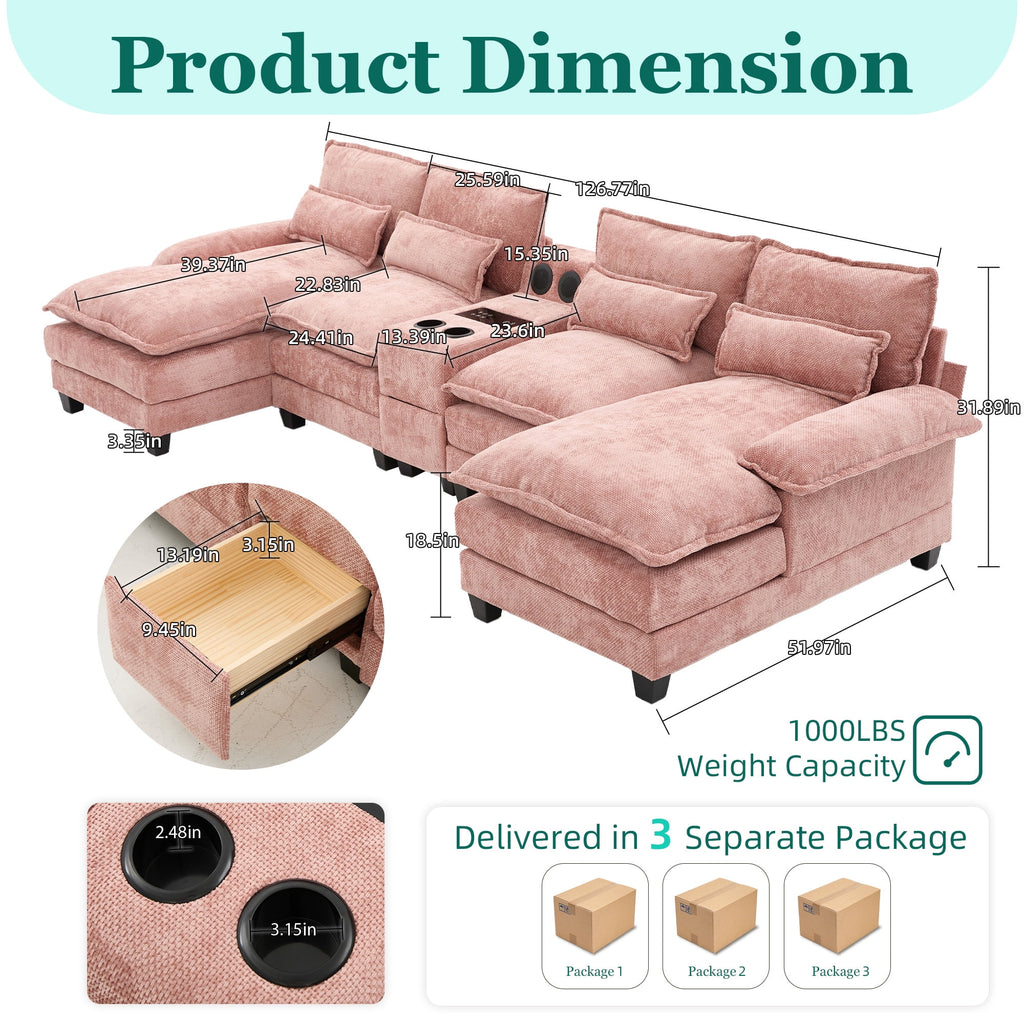 Villeston 126.77 U-Shaped Cloud Sofa With Chaise Lounge, Chenille Sofa With Wireless Charging, Bluetooth Speaker, Two Cup Holders, Storage Drawer, Suitable For Living Room,Gray