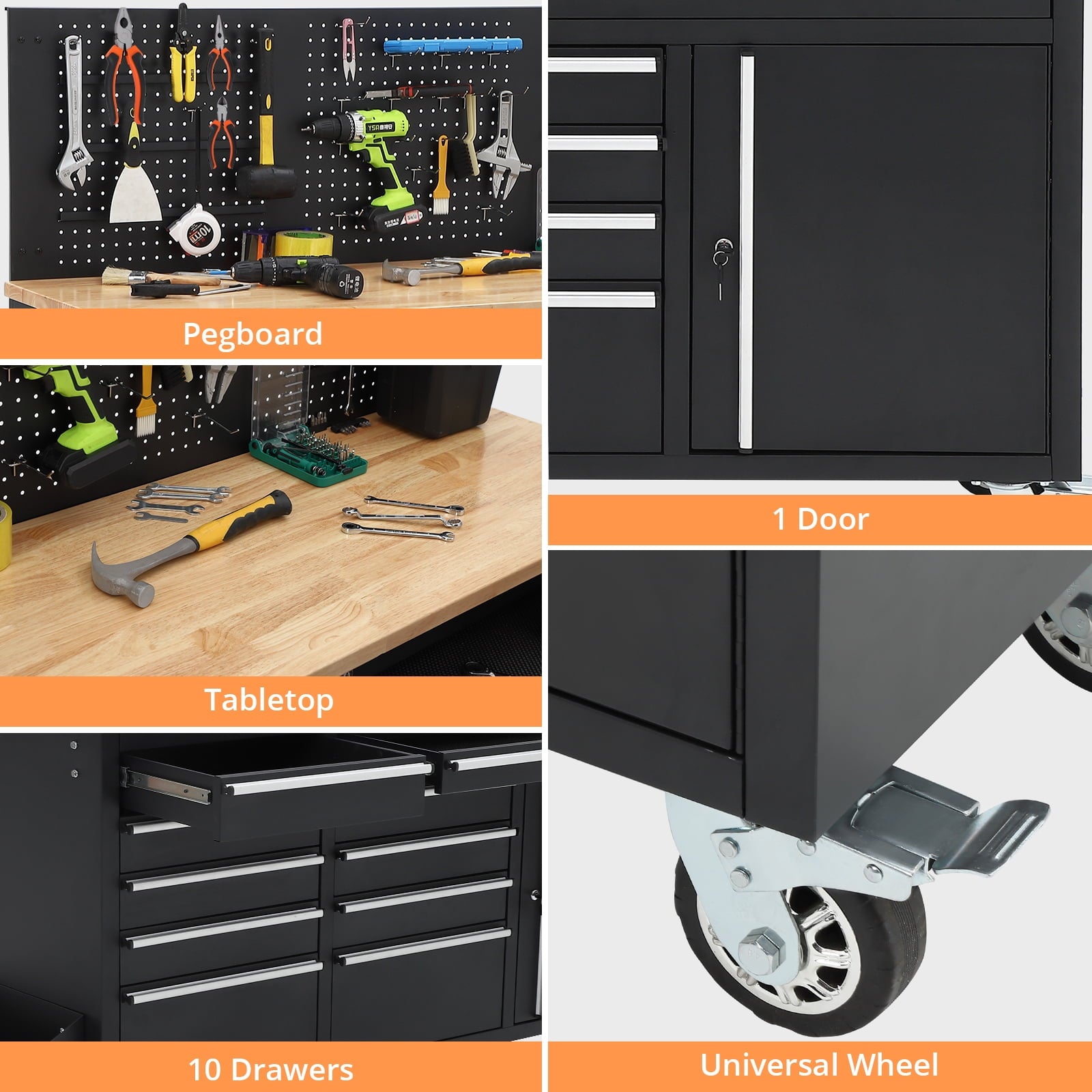 Garvee 61 Work Benches for Garage, Heavy Duty Work Table with 10 Drawers & Power Outlet, Black