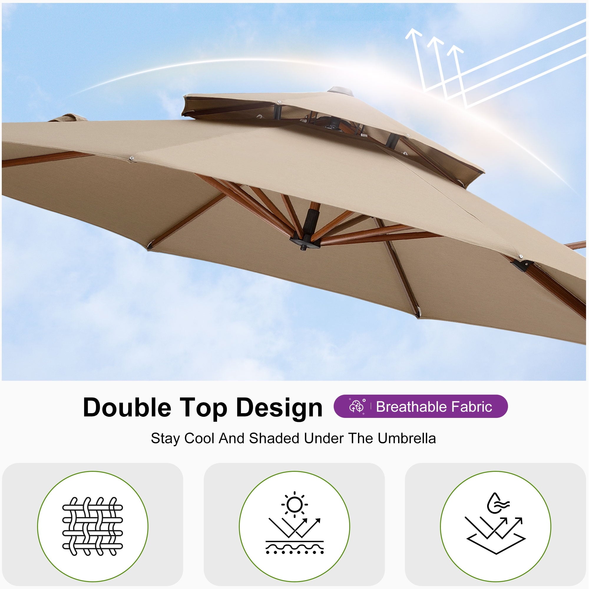 PURPLE LEAF 11FT Deluxe Round Wood Grain Patio Umbrella, Large Offset Cantilever Umbrella with 360° Rotation, Navy Blue