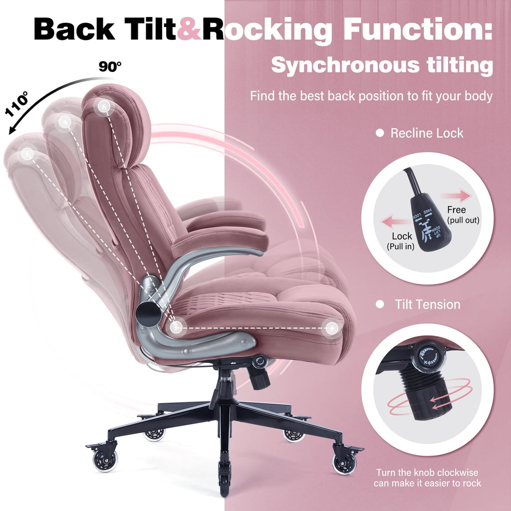 High Back Office Chair with Lockable Wheels, 400lbs Large Fabric Executive Desk Chair, Adjustable Lumbar Support Flip up Arms, Ergonomic Home Office Computer Chair with Storage Pocket, Black