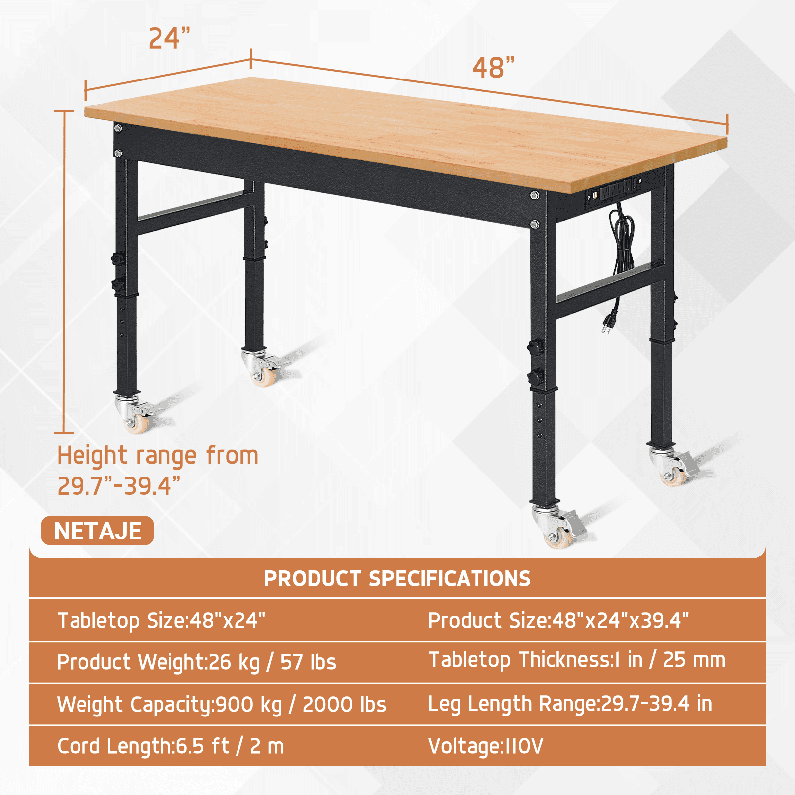 NETAJE 60 Heavy-Duty Work Bench Adjustable Workbench Work Table 2000 lb Load Capacity w/ Power Outlets for Garage, Workshop, Workstation