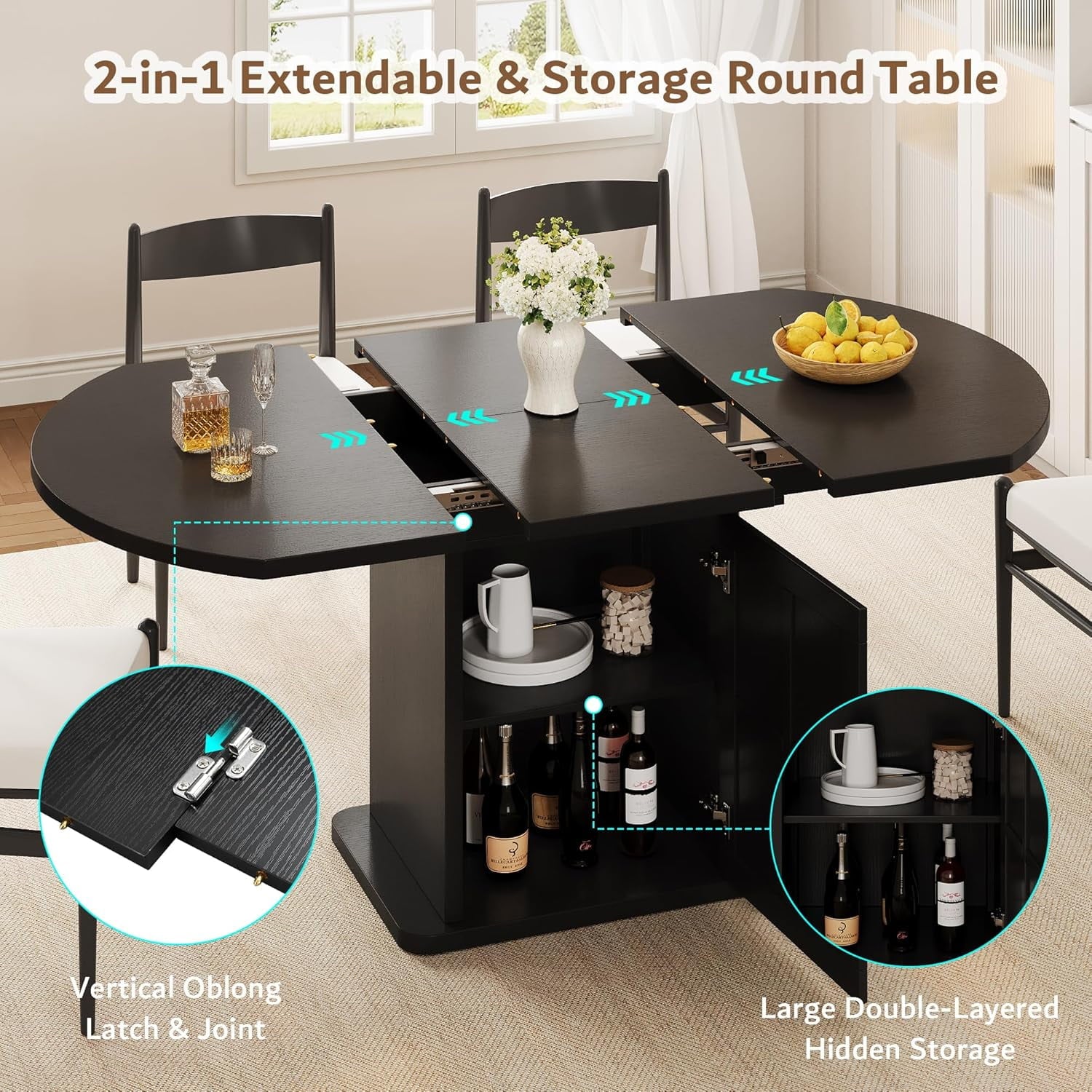 iPormis Extendable Round Dining Table for 4-6, 59'' Modern Kitchen Table with 2-Tier Storage Shelf, Wood Door, MDF Board, Space Saving Oval Dinner with Sturdy Pedestal Base, Kitchen, Dining,Walnut