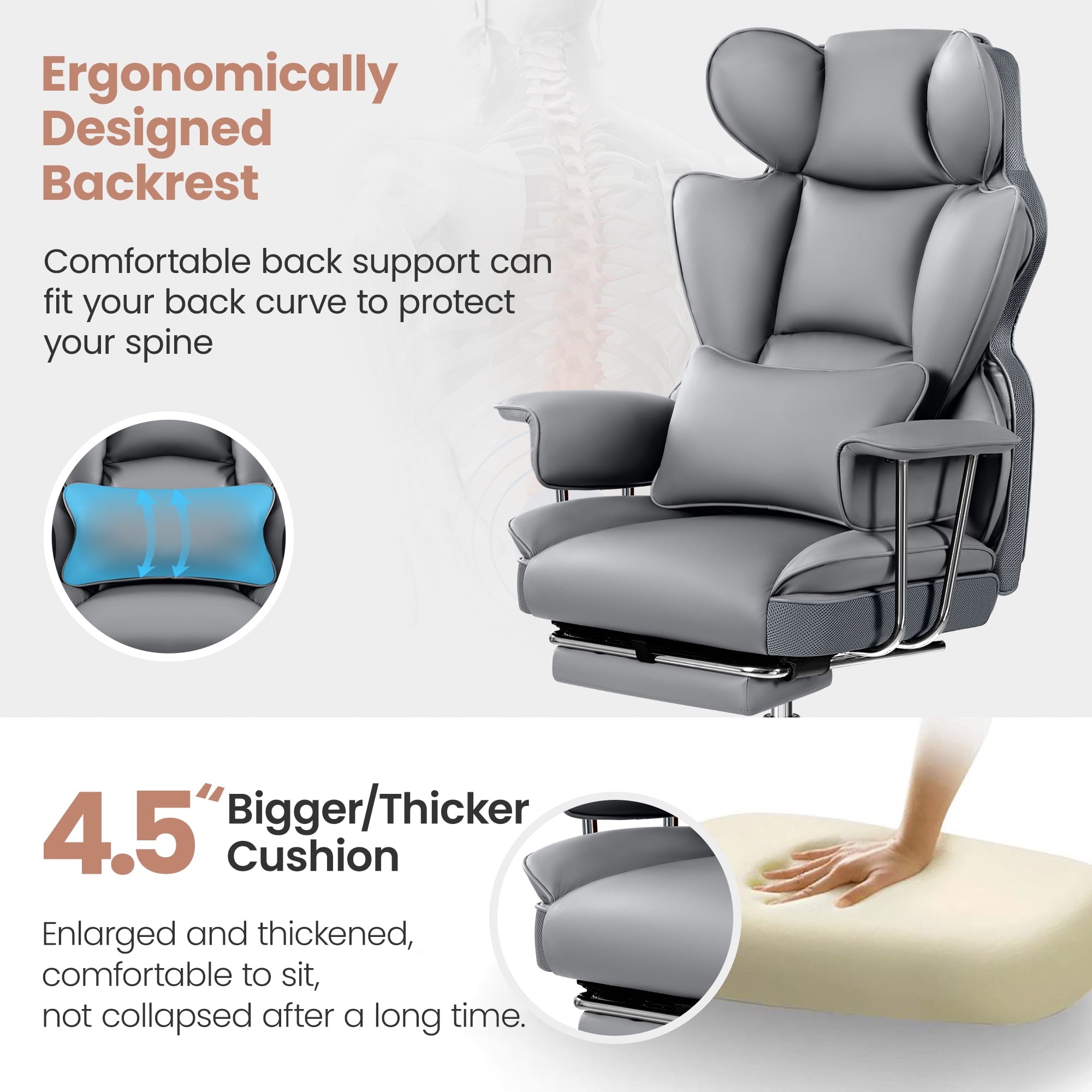 ATHOPE Executive Leather Office Chair 500lbs, Big and Tall Desk Chair with Footrest, High Back Ergonomic Reclining Computer Chair, High-Density Foam, Heavy Duty Swivel Rolling Chair, Black