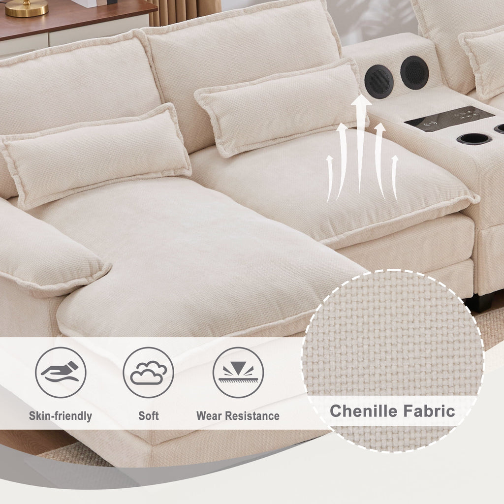 Villeston 126.77 U-Shaped Cloud Sofa With Chaise Lounge, Chenille Sofa With Wireless Charging, Bluetooth Speaker, Two Cup Holders, Storage Drawer, Suitable For Living Room,Gray