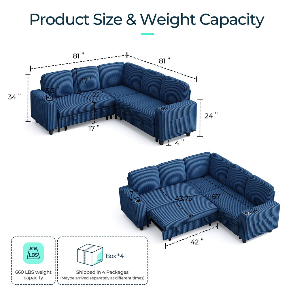 LINSY HOME L Shaped Sectional Couches for Living Room, Sleeper Sofa Bed with Reversible Storage Chaise, Pull Out Couch Bed with USB, Cup Holder, Black