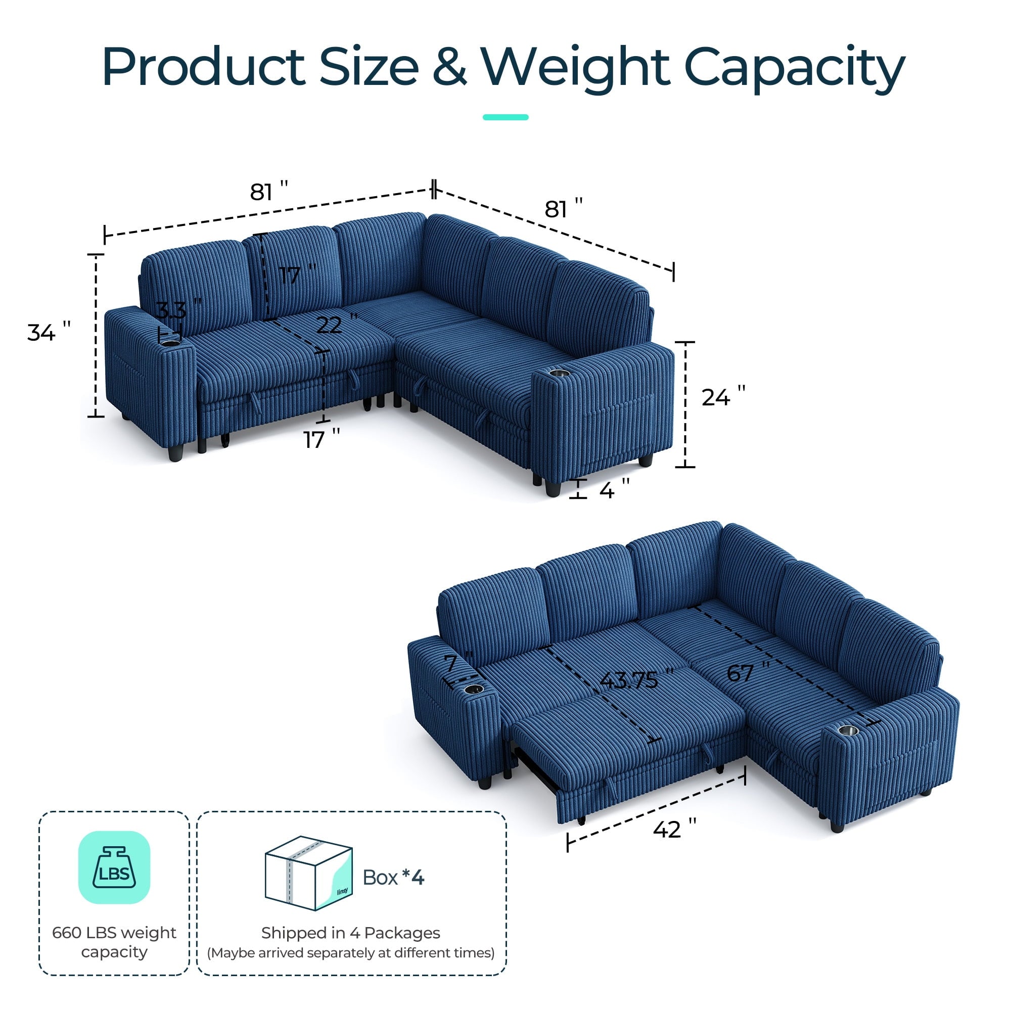 LINSY HOME L Shaped Sectional Couches for Living Room, Sleeper Sofa Bed with Reversible Storage Chaise, Pull Out Couch Bed with USB, Cup Holder, Black