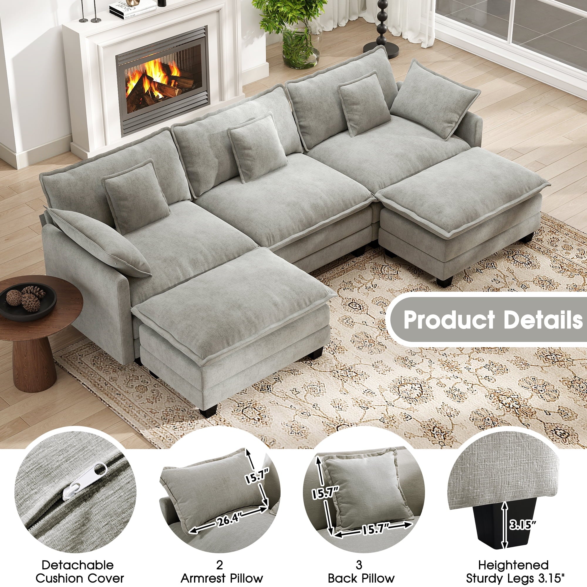 BedLuxury 111.5'' Modular Sectional Sofa with Movable Ottomans, U Shaped Cloud Couch for Living Room, 3-Seat, Grey
