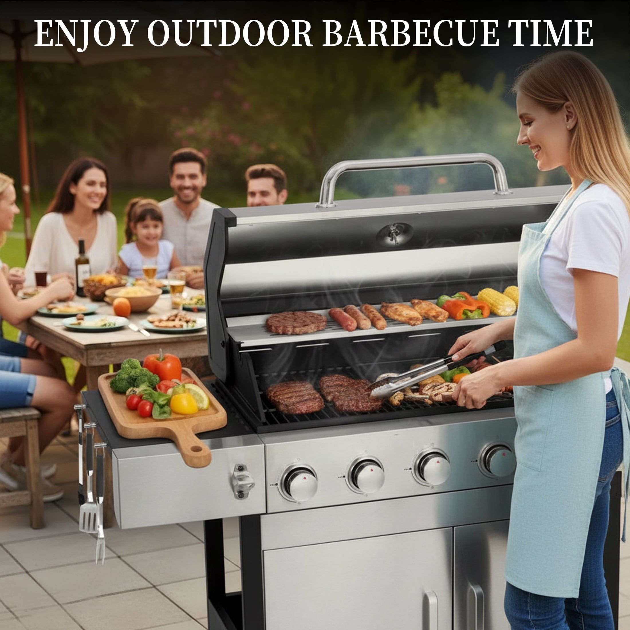 CIG GARDEN 6-Burner Propane Gas Grill with Side Burner,73000 BTU Output Double-Layer Stainless Steel BBQ Grill Lid with Cast Iron Grates