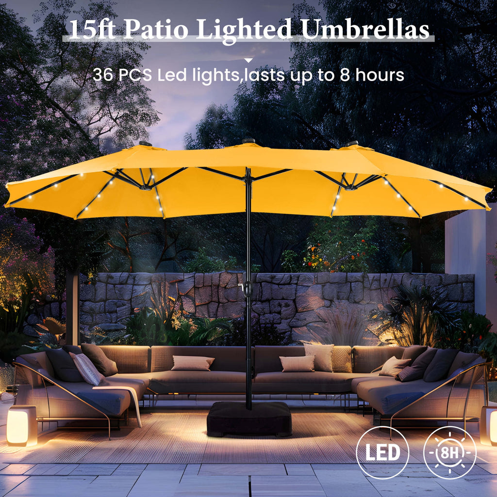 SUMMIT LIVING 15 FT Double-Sided Solar Patio Umbrella with Base Large Outdoor Umbrella with LED Solar Lights - Haze Blue
