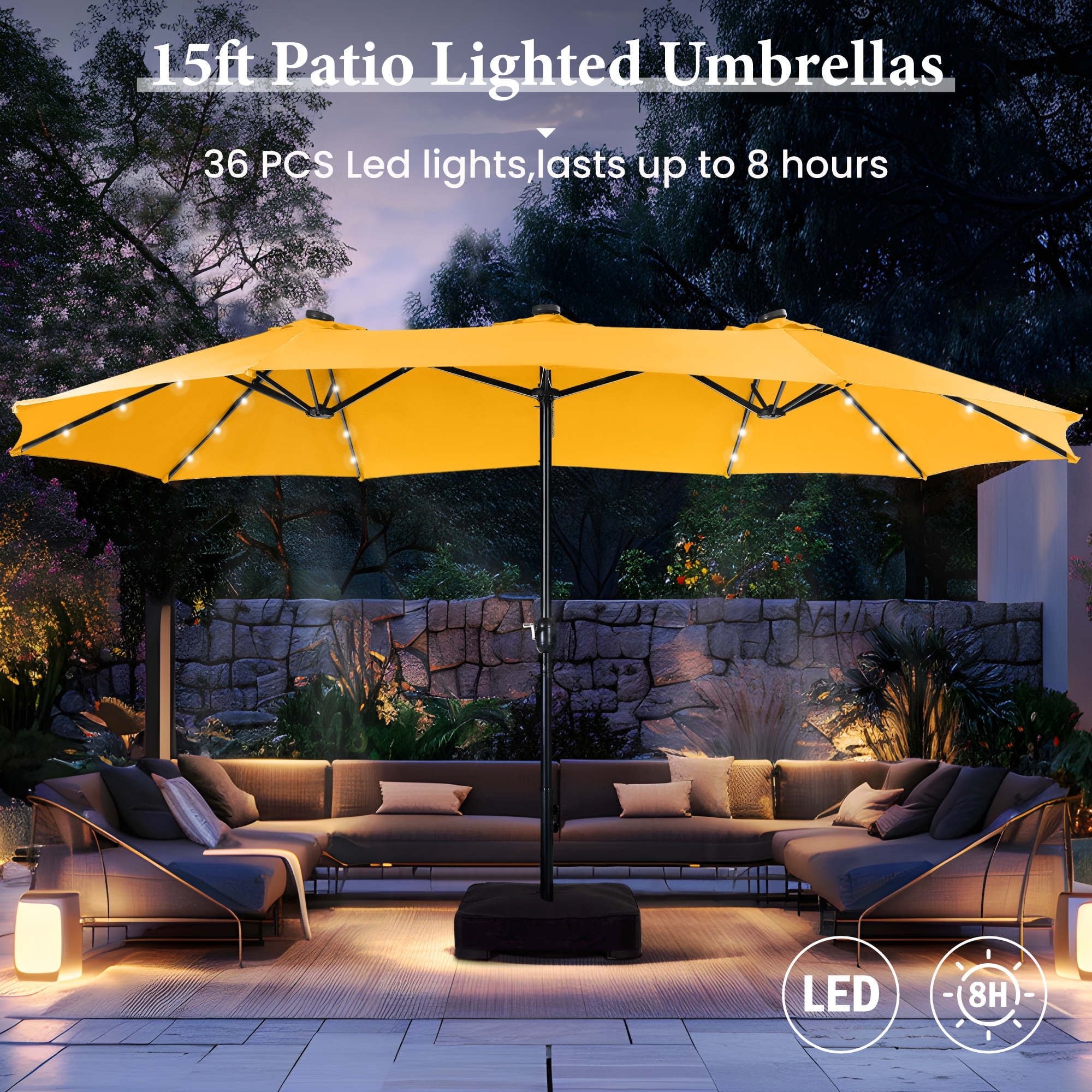 SUMMIT LIVING 15 FT Double-Sided Solar Patio Umbrella with Base Large Outdoor Umbrella with LED Solar Lights - Haze Blue
