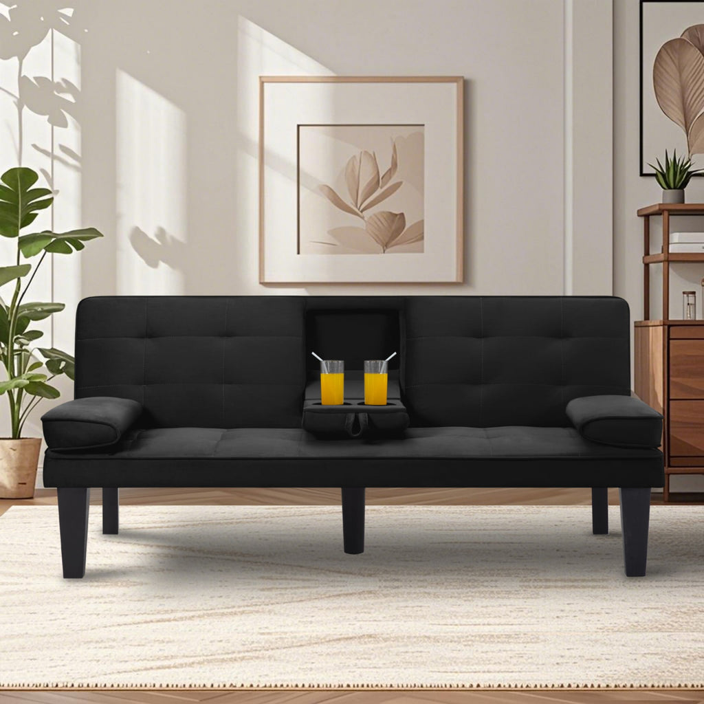BSHTI 65 Modern Velvet Futon Sofa Bed with Drop Down Cup Holders, 3-Position Adjustable Backrest, Removable Arm Cushions, Chrome Legs for Living Room & Guest Room Black