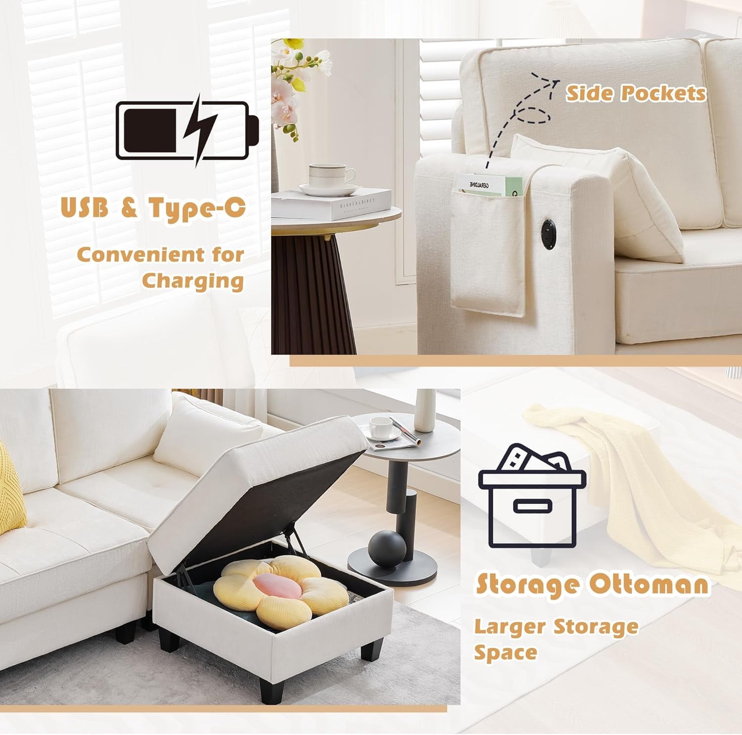 Haverchair L-Shape Chenille Sectional Sofa with Storage Ottoman,Modern Convertible Couch with Removable Cover,USB and Type-C,Side Pockets,Armrest Pillows for Living Room,Apartment,Office,White