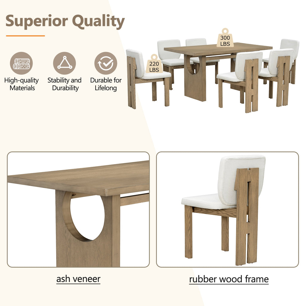 Euroco 7-Piece Dining Table Set for 6, 59 Kitchen Table Set with 6 Upholstered Chairs and Wooden Frame,Retro Dining Set for Kitchen Dining Room, Natural