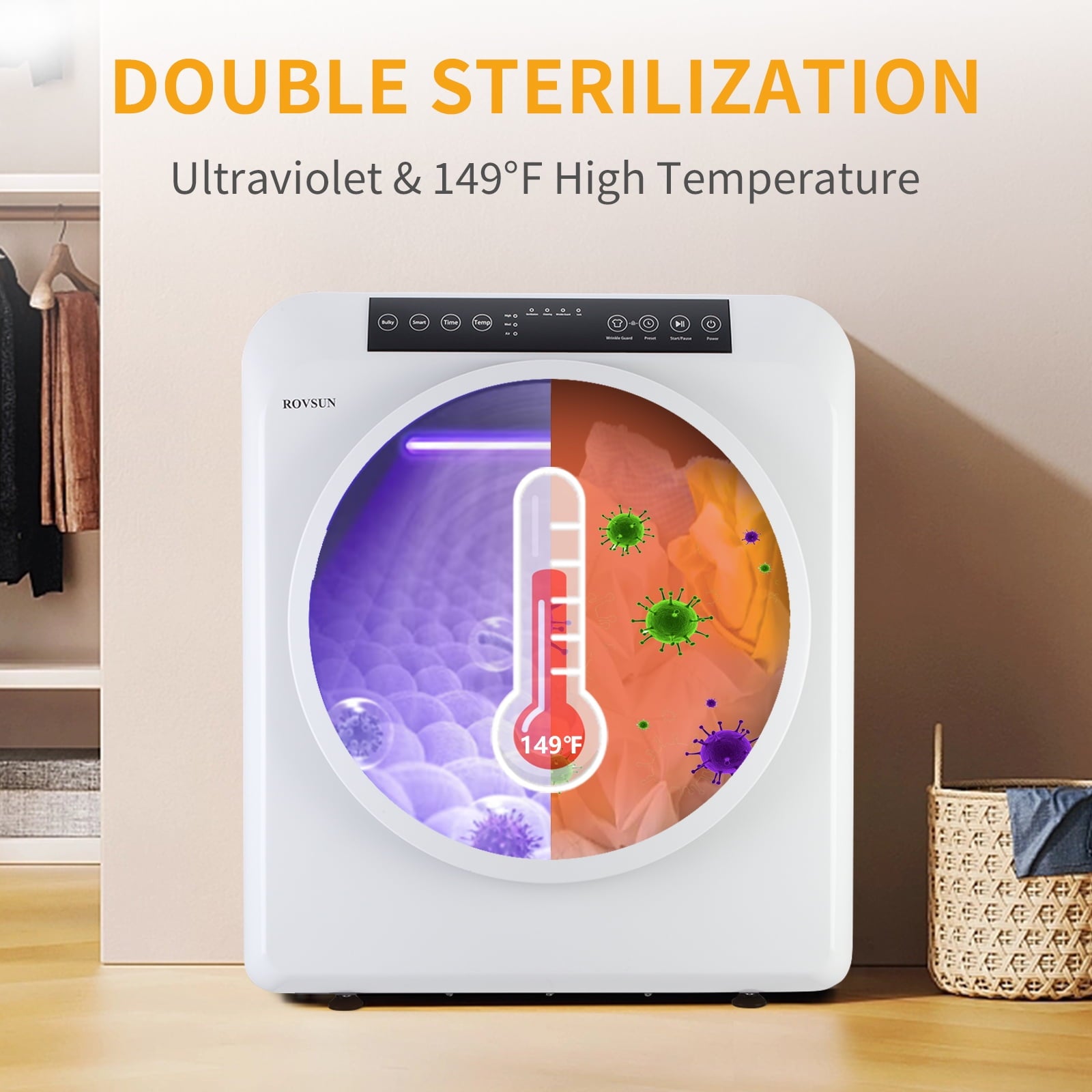 VINGLI 13.2LB Portable Clothes Dryer, 3.5 Cu.Ft Front Load Laundry Electric Tumble Dryer with LCD Touch Screen, UV Disinfection for Apartment, Home, Dorm-110V, Luxury Grey