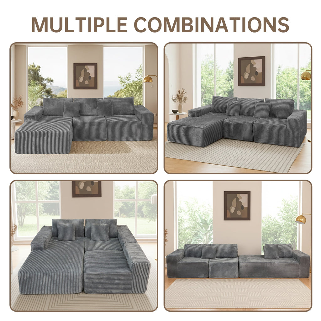 SOULART 138.5 U Shaped Sectional Couch,Gray Cloud Boneless Sofa For Living Room,Plush Corduroy Couches With Deep Seat Chaise Lounge,No Assembly Required