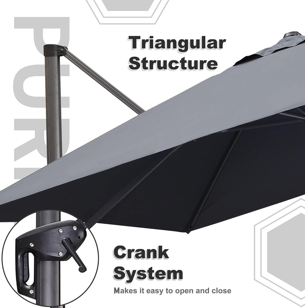 PURPLE LEAF 10x10 Ft Cantilever Umbrella Square Outdoor Patio Umbrella Large Offset Hanging Umbrella Aluminum Umbrella with 360°Rotation Adjustable Garden Pool Umbrella,Gray