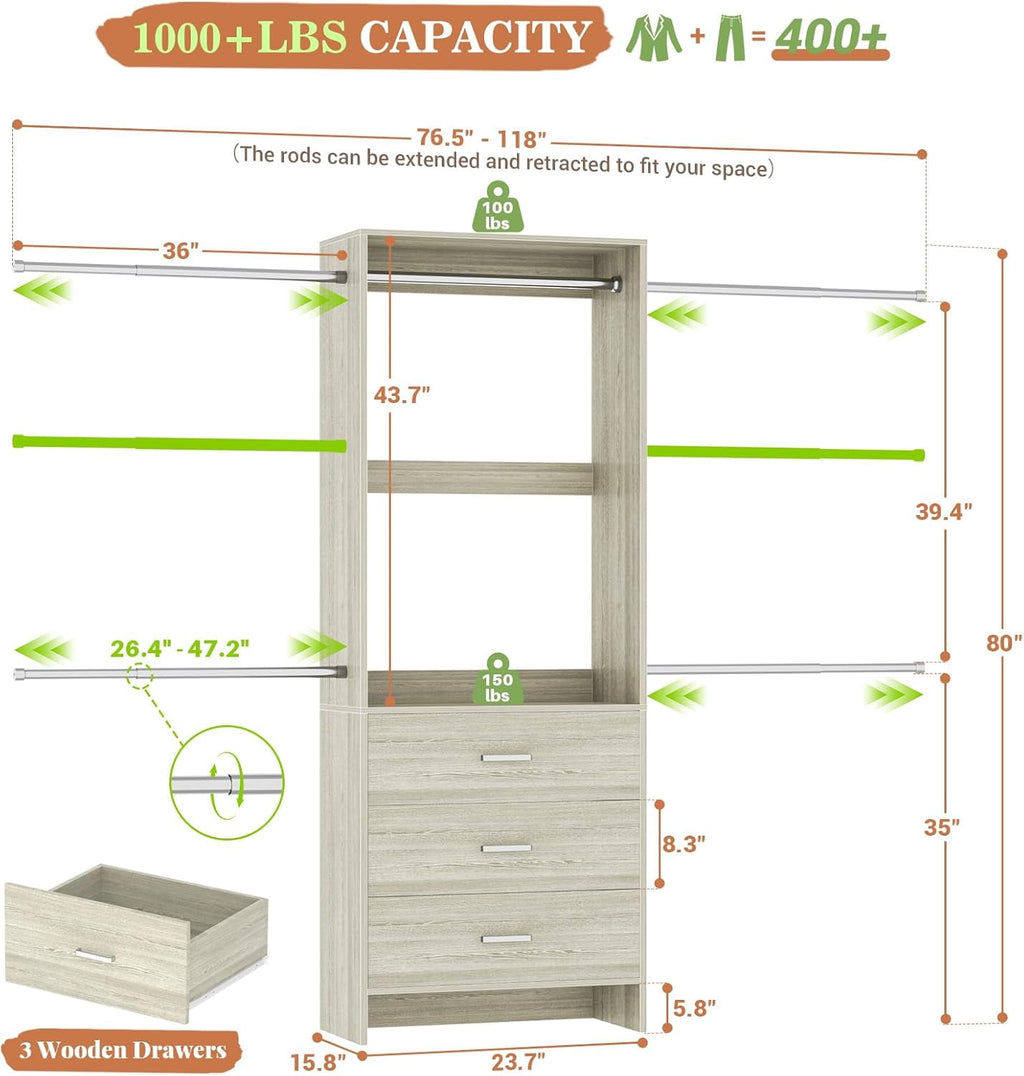 Homieasy Closet System, Closet Organizer with 3 Wooden Drawers, Walk-in Closet Wardrobe Clothes Rack with 4 Hanging Rods, Garment Rack, White