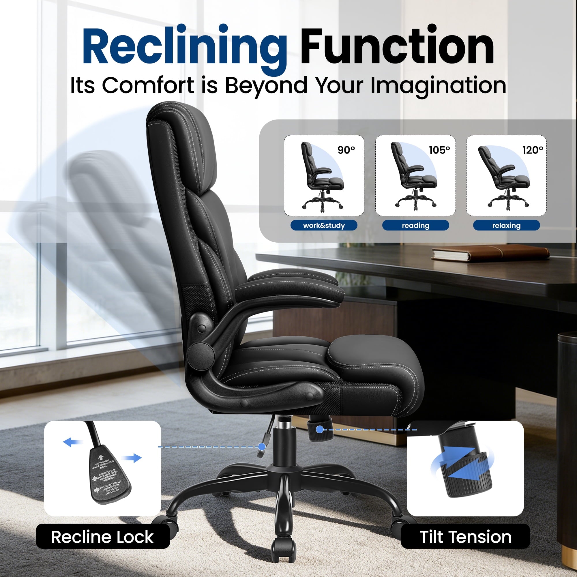 STACOO High Back Executive Office Chair 400lbs, Big and Tall Ergonomic Desk Chair with Lumbar Support & Flip-up Armrests, PU Leather Swivel Chair with Adjustable Height – Brown