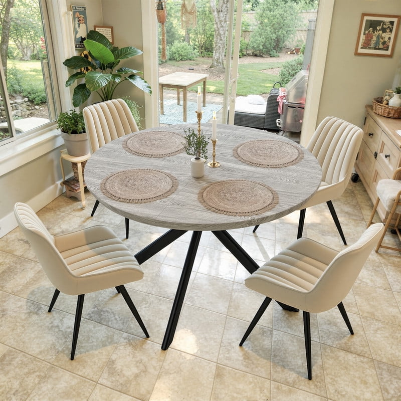 Hawsaiy 47 Round Dining Table for 4-6, Modern Farmhouse Kitchen Table with Metal Legs, Wood Circle Dinner Table for Kitchen & Dining Room, Walnut