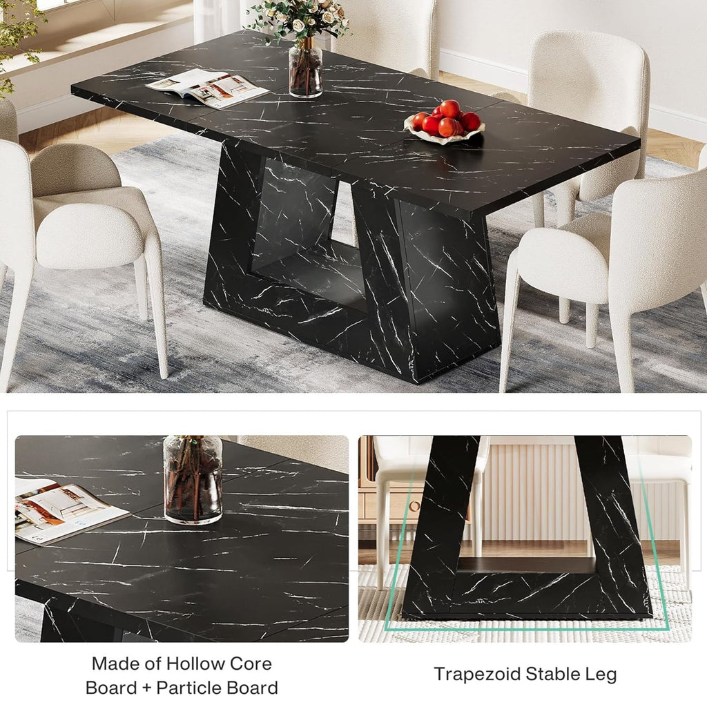 Modern Faux Marble Dining Table, 63 Rectangular 4-6 Seater Wood Table with Sturdy Base, Kitchen Living Room Dinner Table