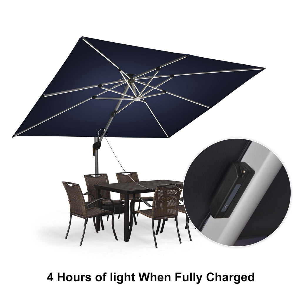 PURPLE LEAF 9 x 12FT Deluxe Rectangle Solar Powered LED Patio Umbrella with Base, Large Offset Cantilever Umbrella with 360° Rotation, Navy Blue