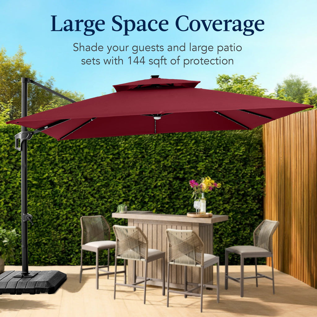 Best Choice Products 12x12ft 2-Tier Square Outdoor Solar LED Cantilever Umbrella w/ 360-Rotating Base   Gray
