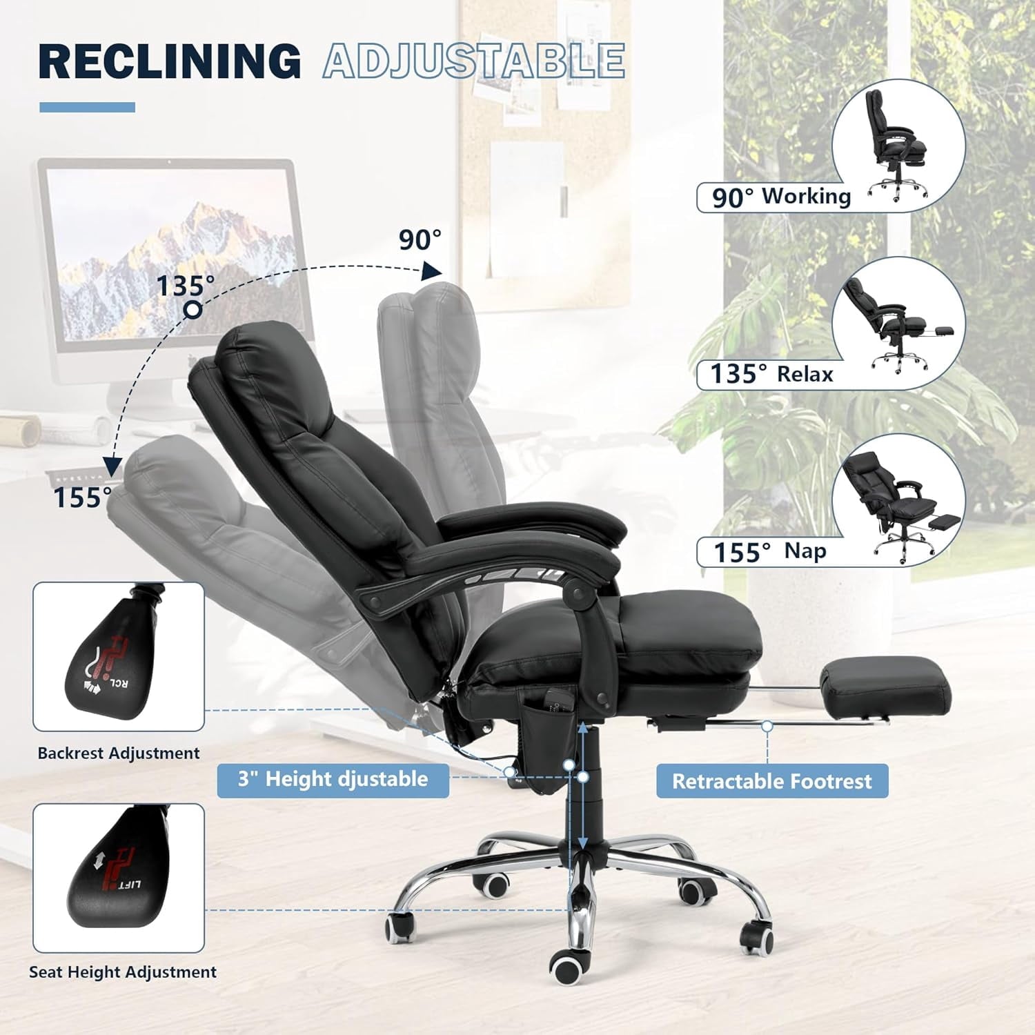 HOMREST Ergonomic Office Chair with 6-Point Massage & Heating, Adjustable Executive Desk Chair with Retractable Footrest, PU Leather Home Office Desk Chair for Home & Office (Black)
