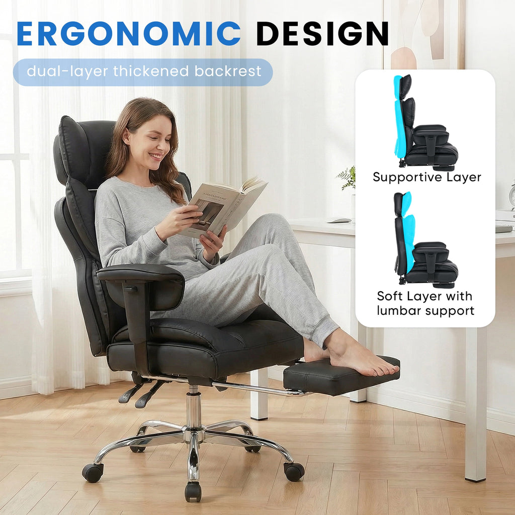 edx Executive Home Office Desk Chair, Ergonomic Big Tall High Back with Footrest & Lumbar Support, Reclining Comfy PU Leather Computer Gaming Chair with Swivel Wheels, Height Adjustable, Black