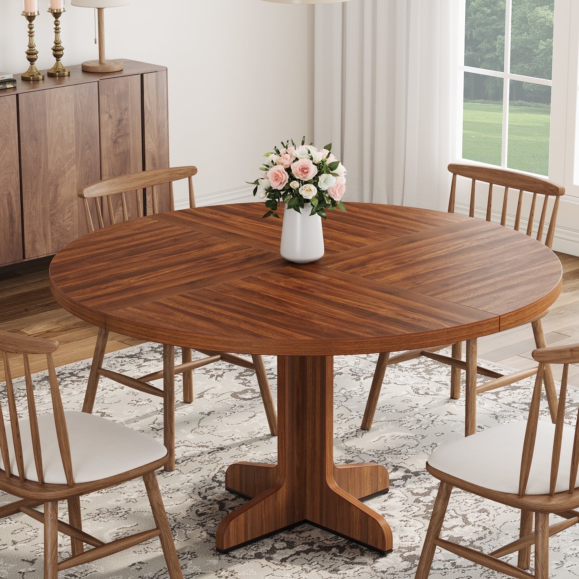 47 Inch Round Dining Table, Wood Kitchen Table, Dinning Room Tables for 4-6 People, Dinner Table with Wooden Tabletop and Legs for Dining Room Living Room (Only Table)