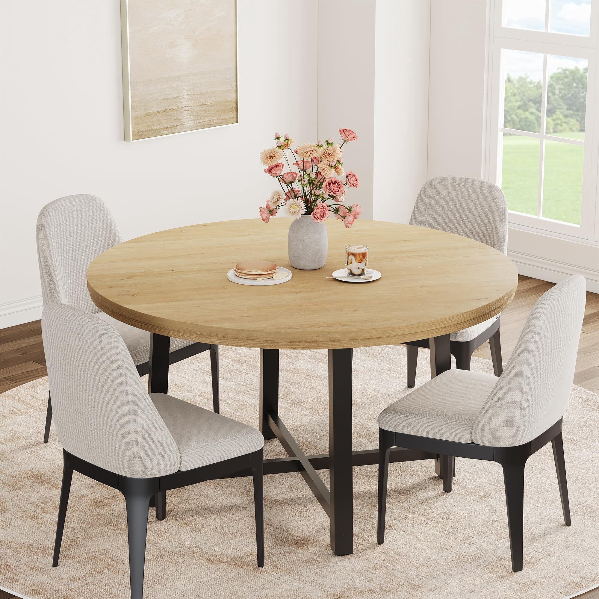 31.5 Round Dining Table for 4 People, Modern Wood Circle Kitchen Table with Sturdy Industrial Metal Frame, Small Space Saving Dining Room Table for Apartment & Breakfast Nook, (No Chairs), Walnut