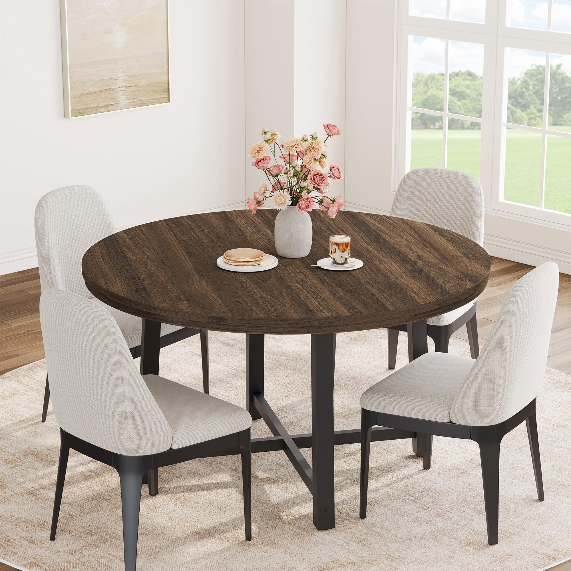 31.5 Round Dining Table for 4 People, Modern Wood Circle Kitchen Table with Sturdy Industrial Metal Frame, Small Space Saving Dining Room Table for Apartment & Breakfast Nook, (No Chairs), Walnut