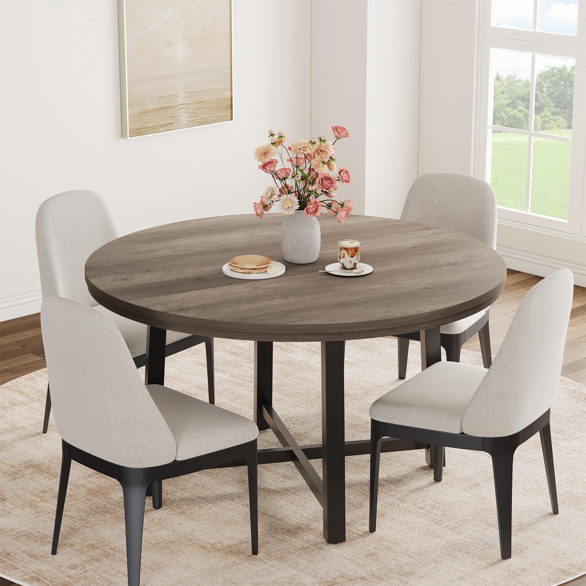 31.5 Round Dining Table for 4 People, Modern Wood Circle Kitchen Table with Sturdy Industrial Metal Frame, Small Space Saving Dining Room Table for Apartment & Breakfast Nook, (No Chairs), Walnut