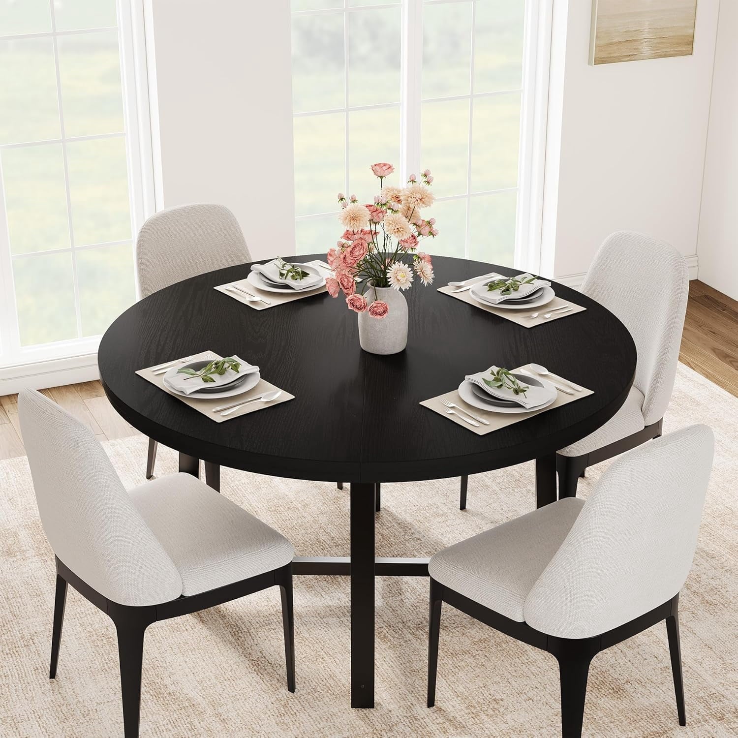 31.5 Round Dining Table for 4 People, Modern Wood Circle Kitchen Table with Sturdy Industrial Metal Frame, Small Space Saving Dining Room Table for Apartment & Breakfast Nook, (No Chairs), Walnut