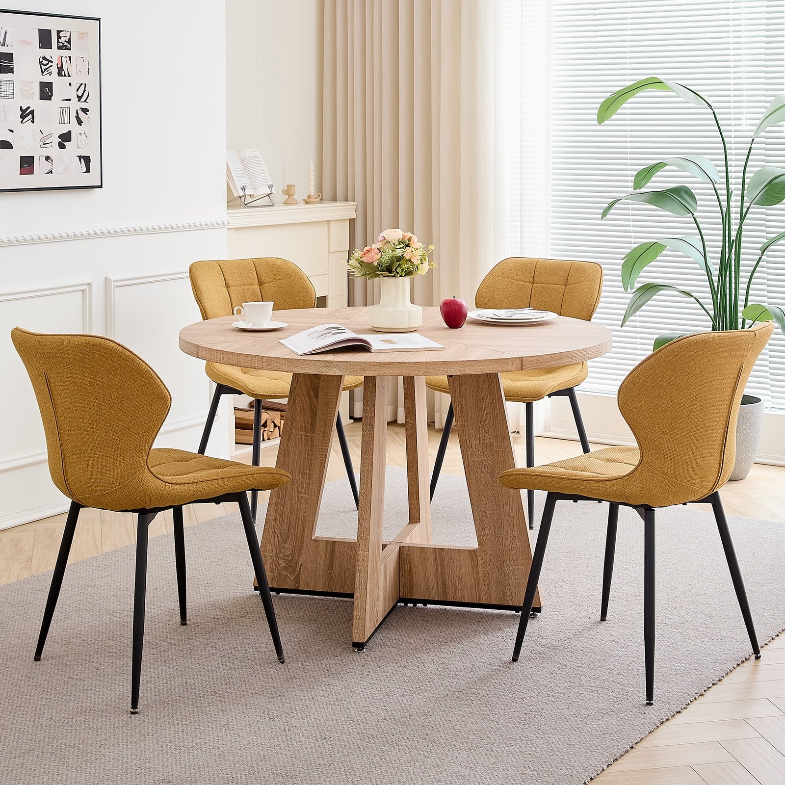 47 Round Dining Table Set for 4 Mid-Century Modern Kitchen Table with 4 Upholstered Chairs Kitchen Coffee Set Dining Table and Chairs for Living Room(Natural Table with 4 Beige Chairs)
