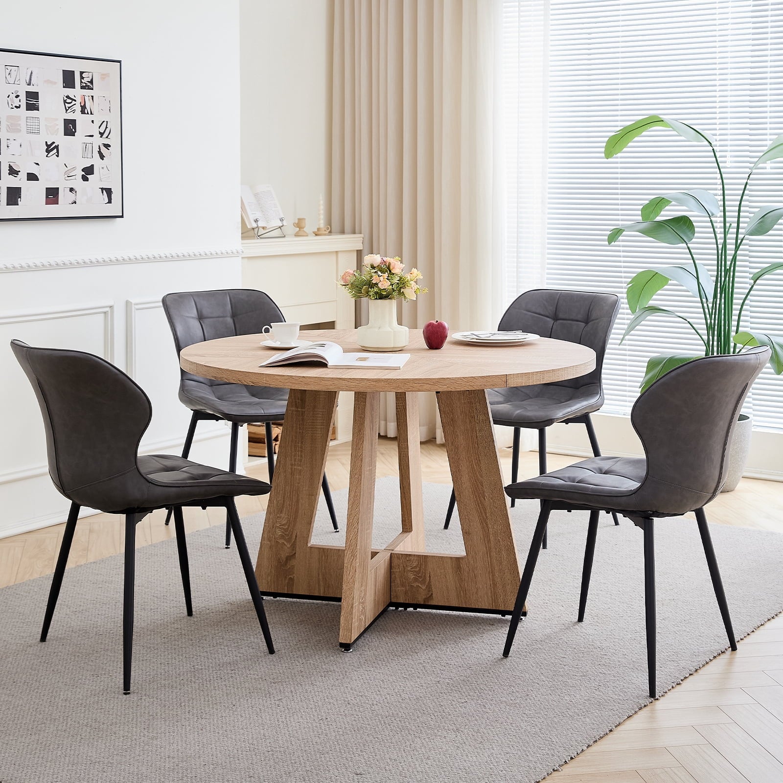 47 Round Dining Table Set for 4 Mid-Century Modern Kitchen Table with 4 Upholstered Chairs Kitchen Coffee Set Dining Table and Chairs for Living Room(Natural Table with 4 Beige Chairs)