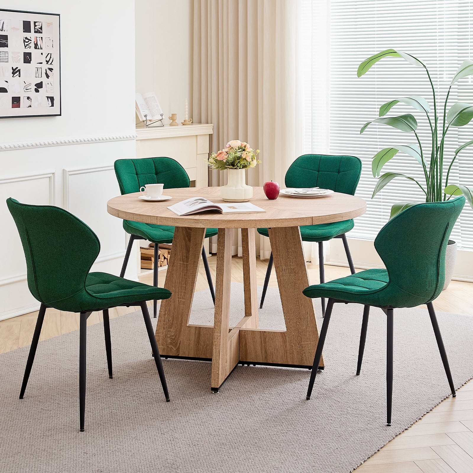 47 Round Dining Table Set for 4 Mid-Century Modern Kitchen Table with 4 Upholstered Chairs Kitchen Coffee Set Dining Table and Chairs for Living Room(Natural Table with 4 Beige Chairs)