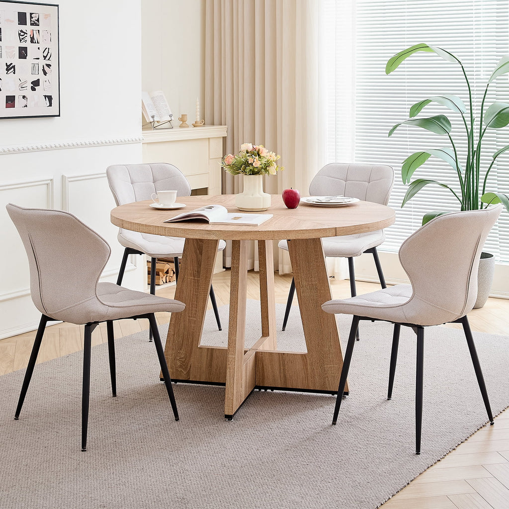 47 Round Dining Table Set for 4 Mid-Century Modern Kitchen Table with 4 Upholstered Chairs Kitchen Coffee Set Dining Table and Chairs for Living Room(Natural Table with 4 Beige Chairs)