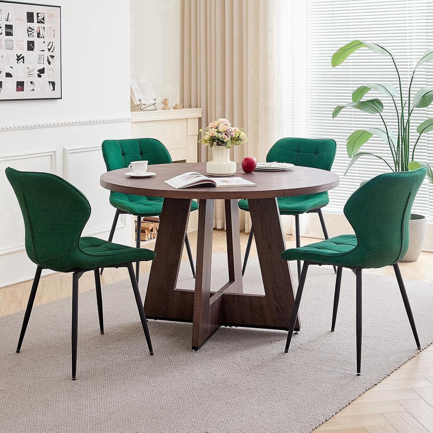 47 Round Dining Table Set for 4 Mid-Century Modern Kitchen Table with 4 Upholstered Chairs Kitchen Coffee Set Dining Table and Chairs for Living Room(Natural Table with 4 Beige Chairs)