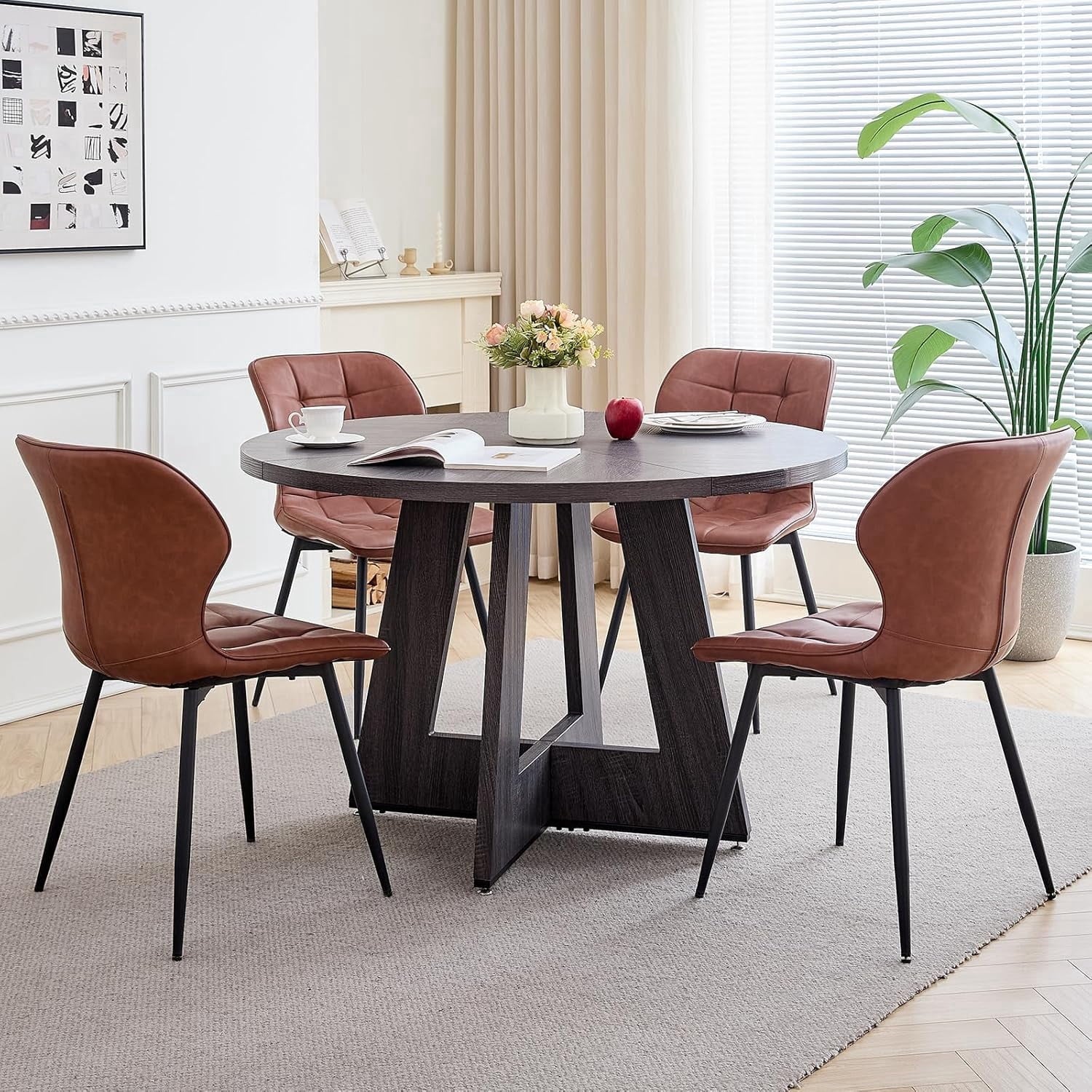 47 Round Dining Table Set for 4 Mid-Century Modern Kitchen Table with 4 Upholstered Chairs Kitchen Coffee Set Dining Table and Chairs for Living Room(Natural Table with 4 Beige Chairs)