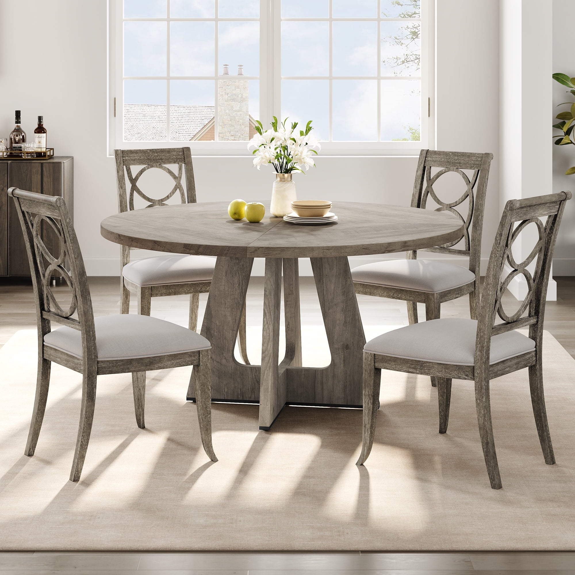 47'' Round Large Dining Table Set for 4 to 6,Mid Century Wood Dinner Table with Wide Tabletop and Cross Base,Dining Room Table for Home Dining Room or Living Room (No Chairs)