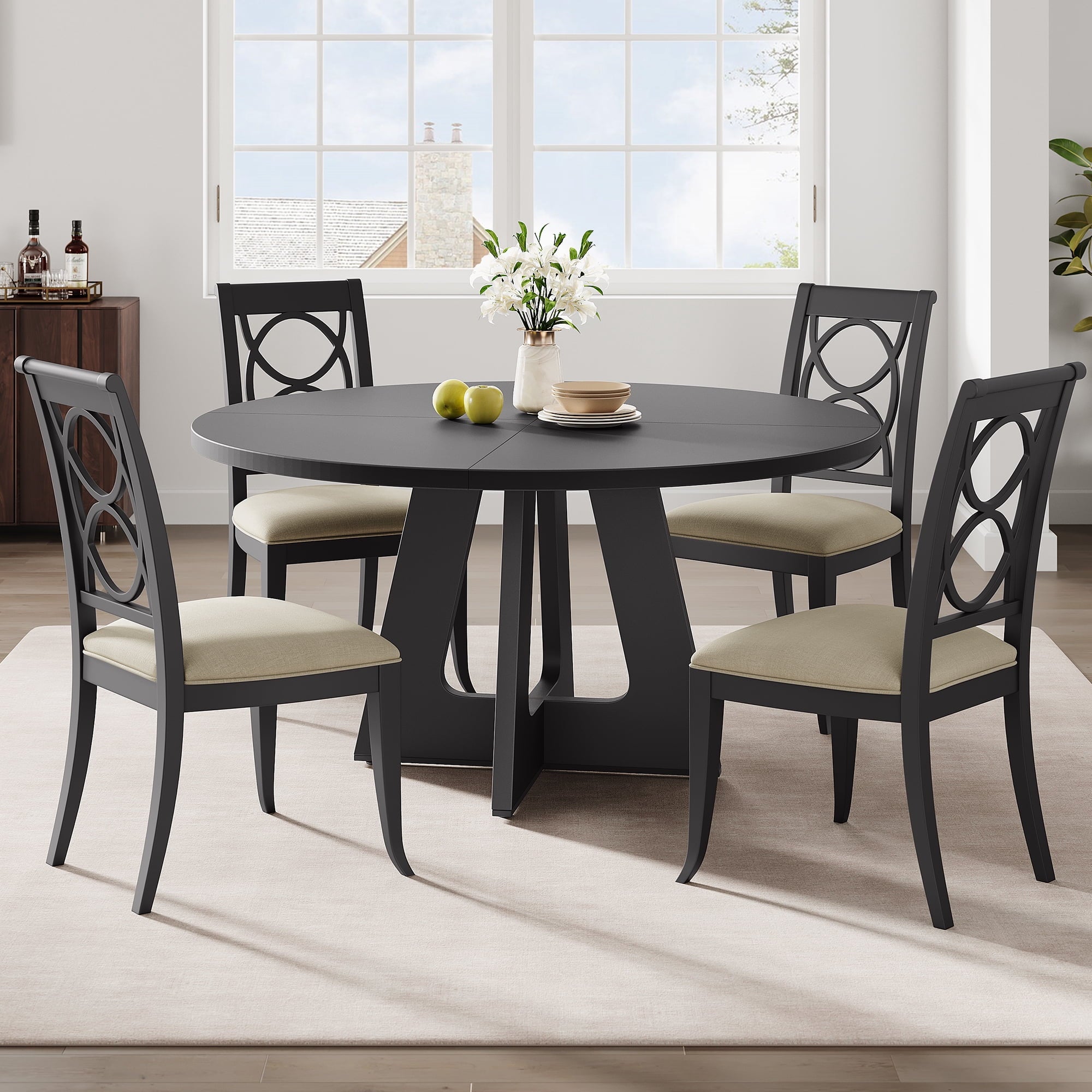 47'' Round Large Dining Table Set for 4 to 6,Mid Century Wood Dinner Table with Wide Tabletop and Cross Base,Dining Room Table for Home Dining Room or Living Room (No Chairs)