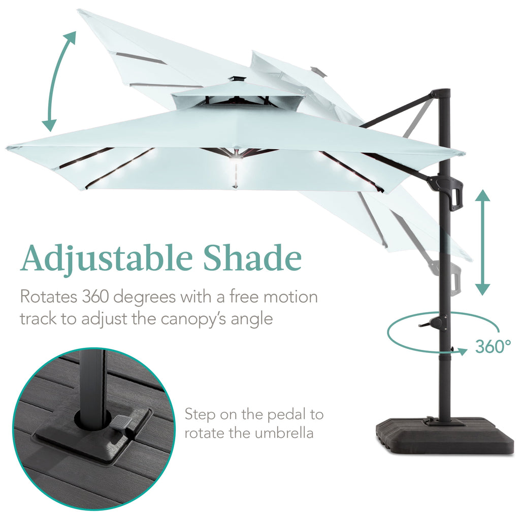 Best Choice Products 10x10ft 2-Tier Square Outdoor Solar LED Cantilever Patio Umbrella w/ Base Included - Tan