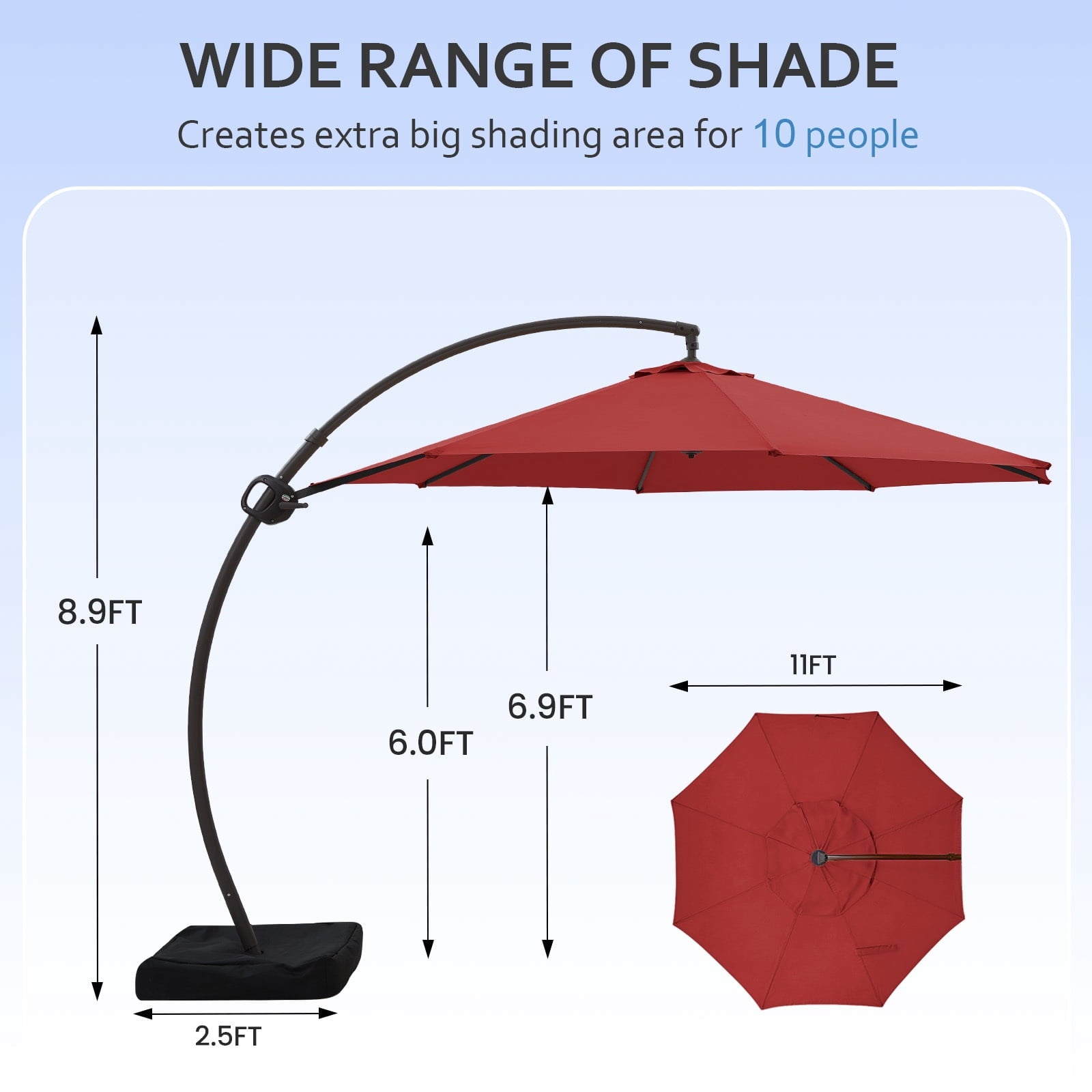 FUNDAZE 11ft Market Patio Umbrella with Base, Curved Cantilever Hanging Sun Shade with Crank & Tilt for Garden, Deck, Poolside,Beige