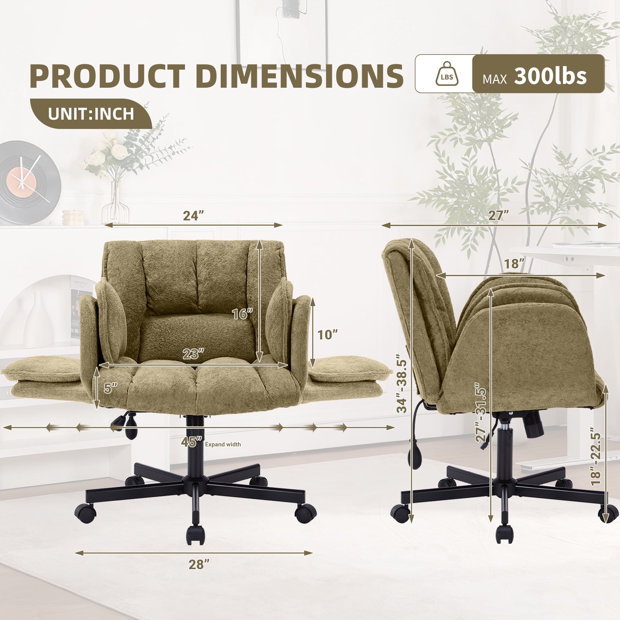 Cross Legged Office Chair with Wheels & Dynamic Airbag Lumbar Support, Criss Cross Wide Seat, 5-Position Fold-Down Armrests, Swivel Vanity Chair for Home Office, Dark Green