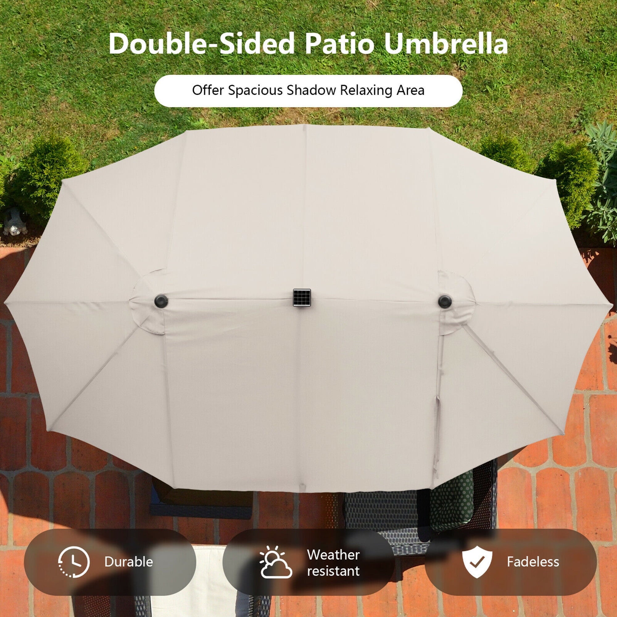 Gymax Outdoor 15' Double-Sided Patio Umbrella 48 Solar LED Lights Crank & Base Coffee