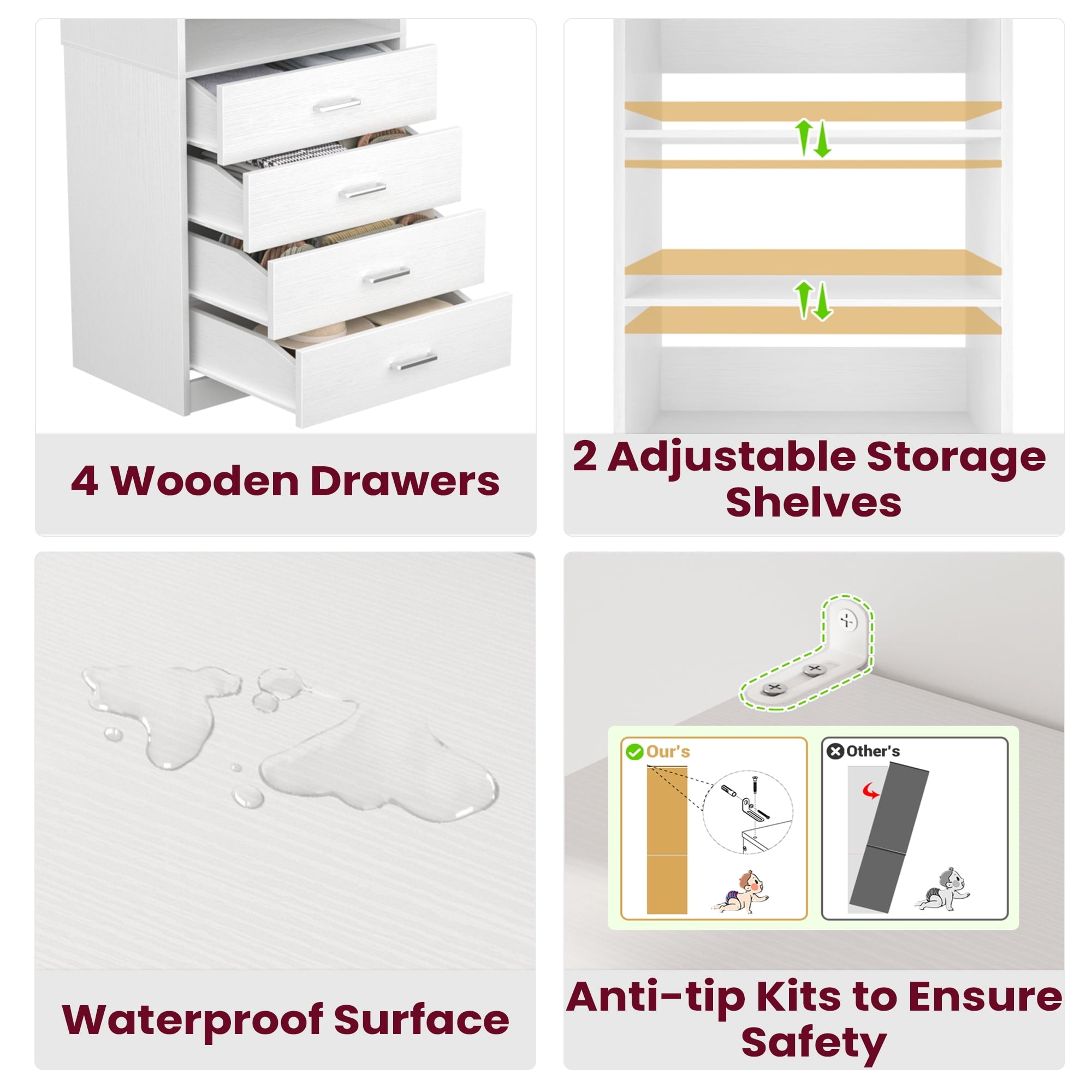 Homieasy 21.3 Inch Freestanding Closet System with 4 Wood Drawers and 3 Shelves for Walk-in Closet, Bedroom, White