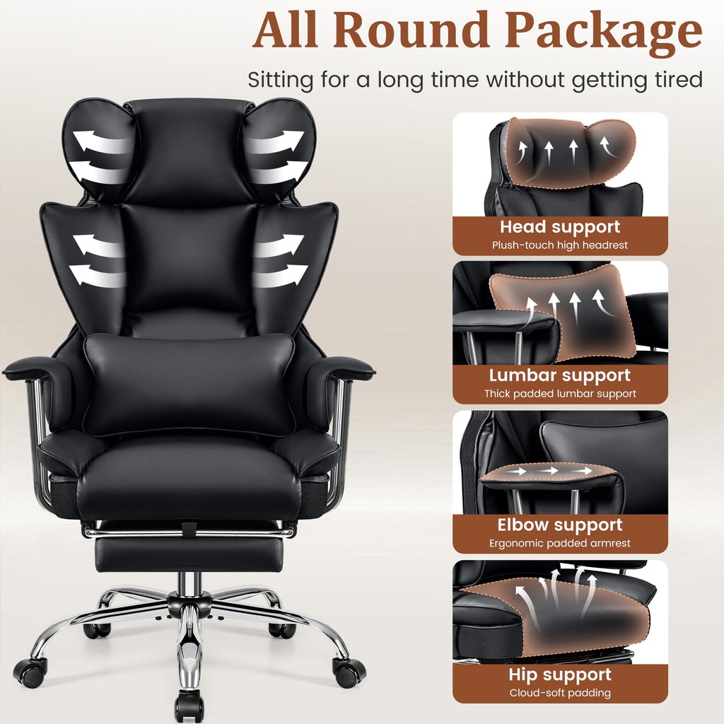 COOLHUT Big and Tall Office Chair 500LBS Wide Seat Ergonomic Computer Desk Chair, PU Leather Executive Office Chair with Footrest, Adjustable Task Chair Lumbar Back Support 8 Hour, Black